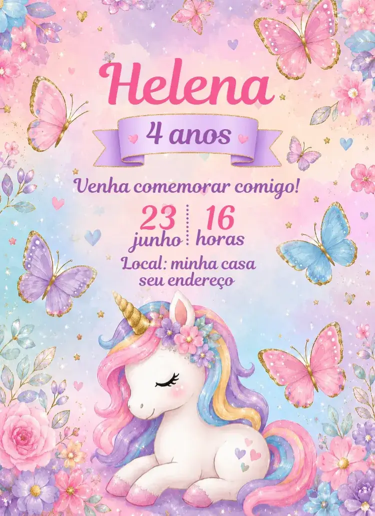 Invitación Convite Unicórnio Luxo Aquarela – tema Aniversário aquarela, unicórnio, cores suaves, moderno, mágico, colorido