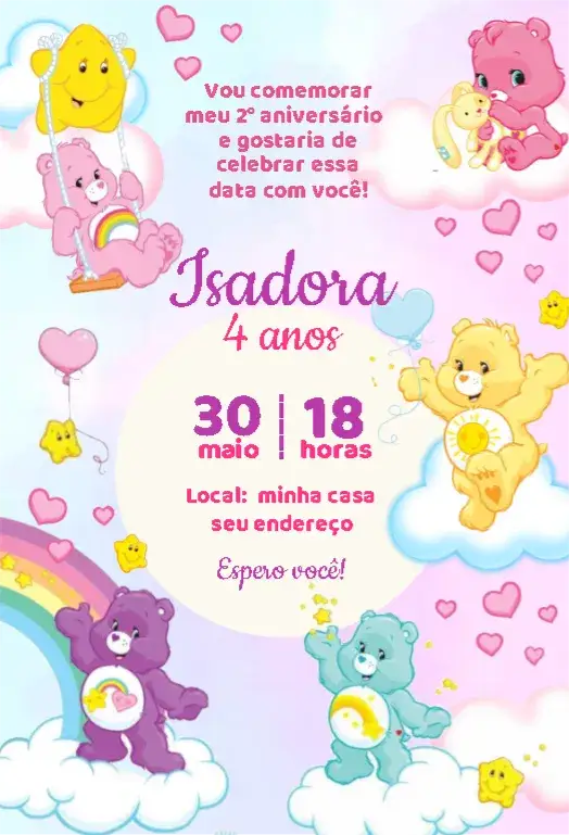 Convite Convite Ursinhos Carinhosos 1 – tema Aniversário Infantil candy color, tons pastéis, fofos, divertido, infantil, lúdico