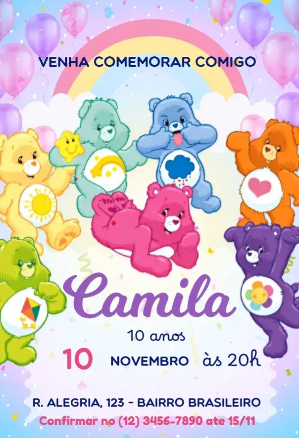 Invitation Care Bears Invitation – Kids' Birthday Party theme colorful, playful, childlike, cheerful, cute