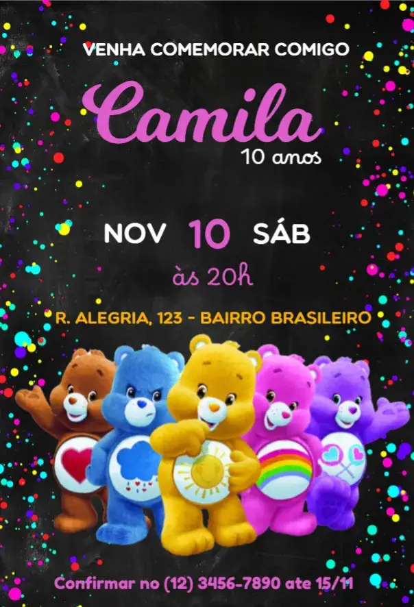 Invitation Care Bears Black Invitation – Kids' Birthday Party theme black, colorful, childish, fun, affectionate