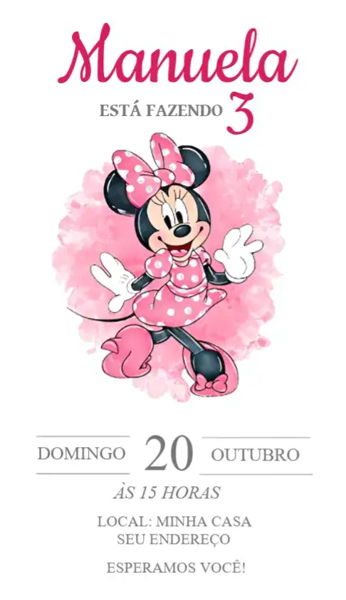 Convite Convite Virtual Minnie – tema Aniversário rosa, aquarela, infantil, divertido, colorido, temático