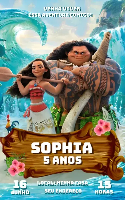 Invitation Convite Virtual Moana – Aniversário theme cores vibrantes, estilo tropical, elementos marinhos, ilustrações lúdicas, estilo divertido, design encantador