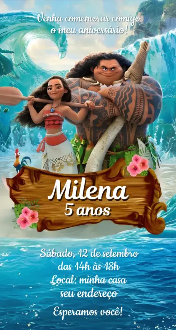 Invitación Convite Virtual Moana – tema Aniversário cores vibrantes, aqua, elementos marinhos, floral, tropical, aventura