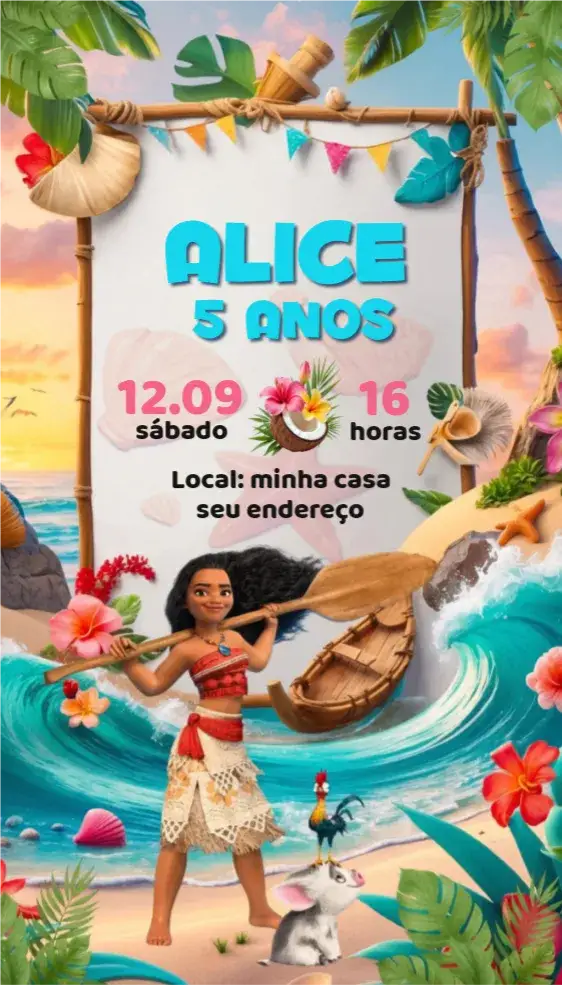 Invitación Convite Virtual Moana – tema Aniversário tropical, colorido, marinho, aventura, fantasia, infantil
