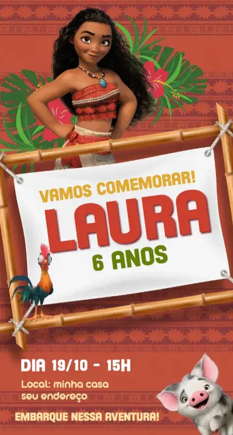 Invitación Convite Virtual Moana – tema Aniversário tropical, colorido, aventureiro, marinho, fantasia