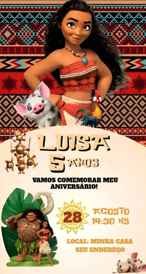 Invitación Convite Virtual Moana – tema Aniversário tropical, marinho, colorido, aventura, Disney, divertido