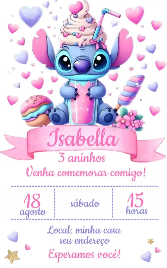 Convite Convite Virtual Stitch – tema Aniversário rosa, infantil, lúdico, colorido, divertido, temático