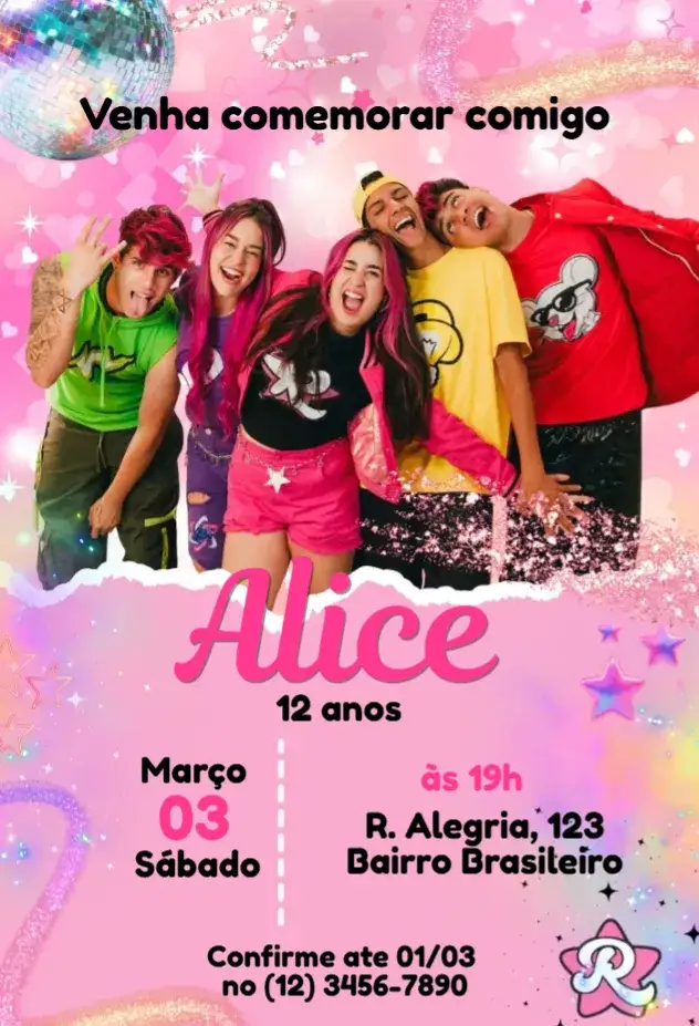 Convite Convite Youtubers dos Rosas Emily Vick – tema Mais pesquisados colorido, divertido, moderno, digital, jovial