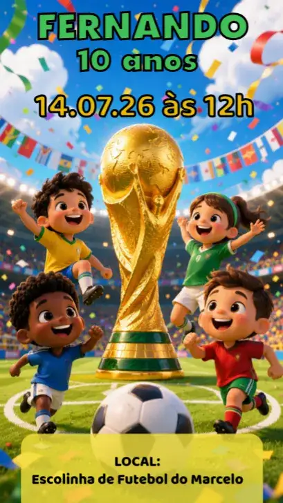 Invitation Copa do Mundo – Aniversário Infantil theme futebol, colorido, moderno, infantil, temático, divertido