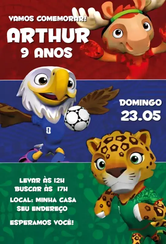 Convite Copa do mundo 10 – tema Aniversário esportivo, colorido, divertido, moderno, jovial