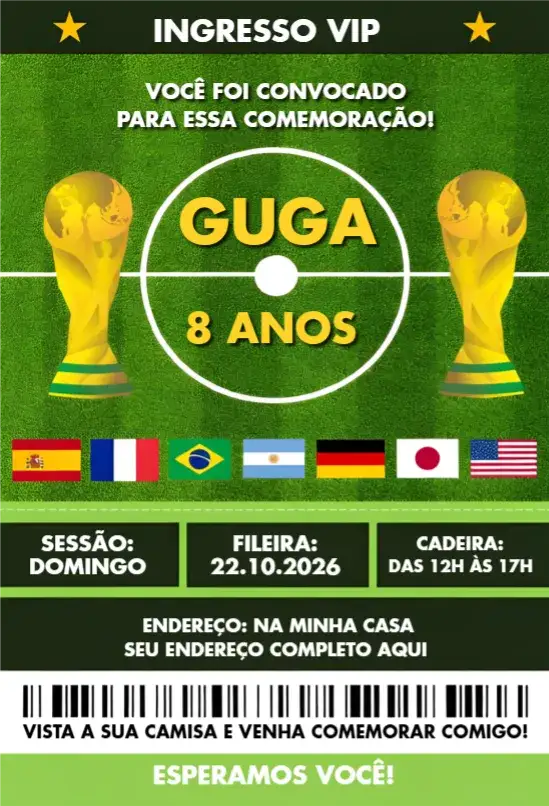 Convite Copa do mundo 15 – tema Aniversário esportivo, colorido, moderno, dinâmico, temático, vibrante