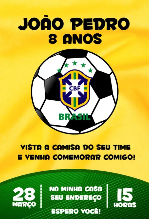 Convite Copa do Mundo 3 – tema Aniversário vibrante, esportivo, brasileiro, colorido, divertido