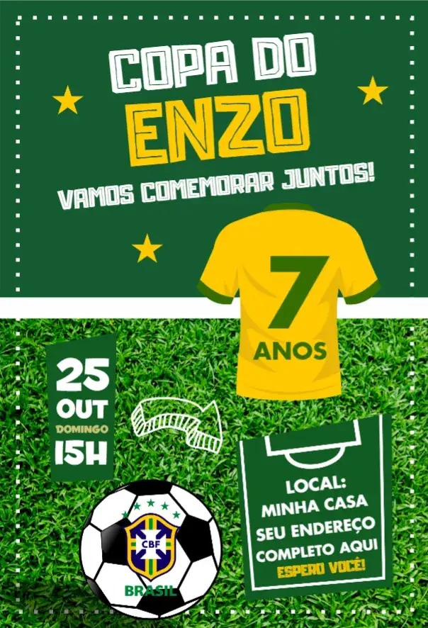 Convite Copa do mundo 3 – tema Aniversário futebol, colorido, jovial, temático, brasileiro, divertido