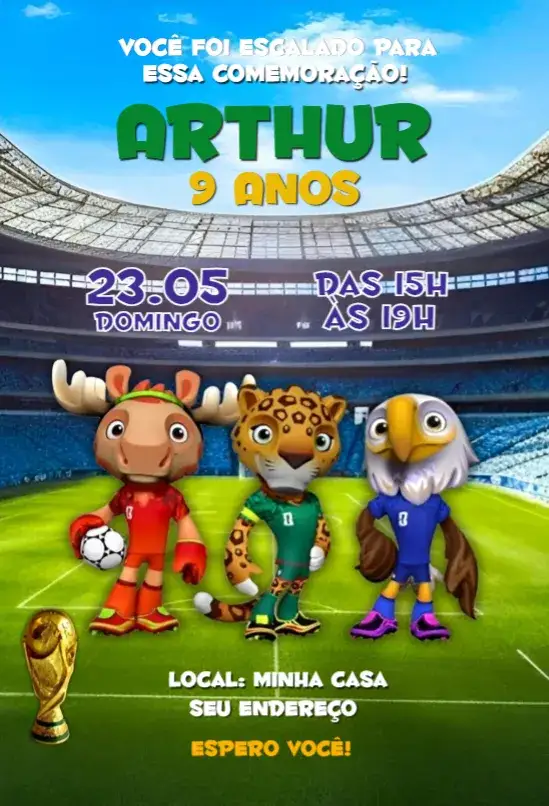 Convite Copa do mundo 8 – tema Aniversário futebol, vibrante, moderno, esportivo, colorido