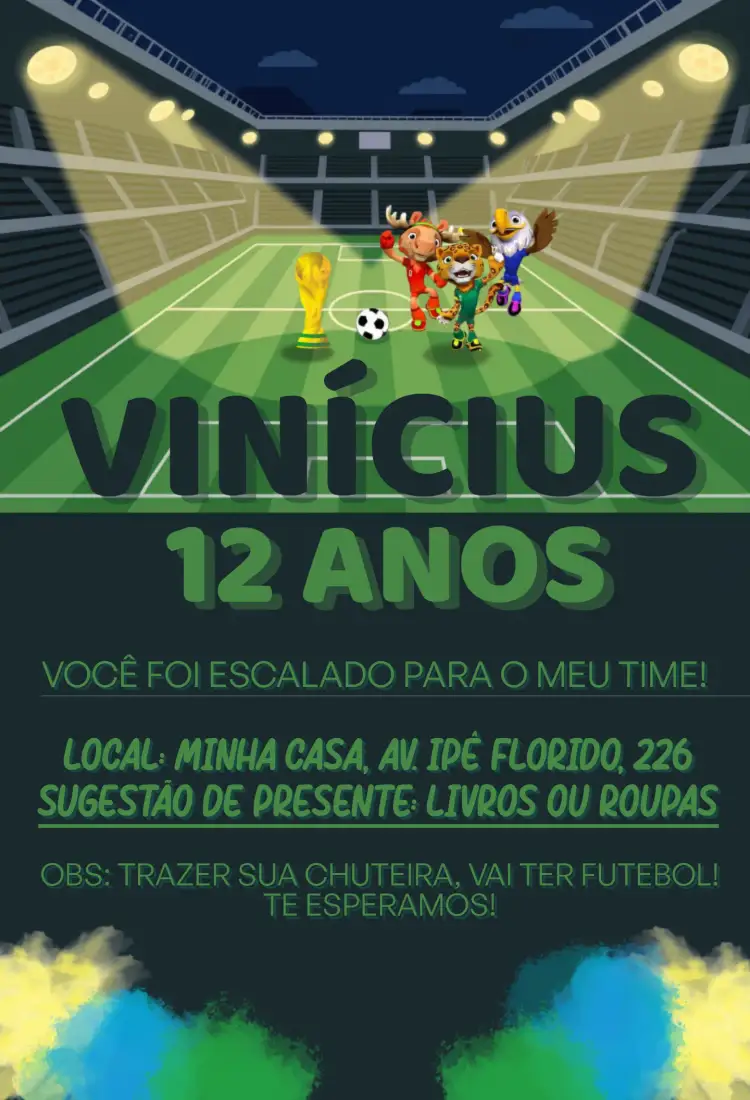 Invitation FIFA World Cup – Birthday theme vibrant colors, football, Brazilian, sports theme, fun, colorful