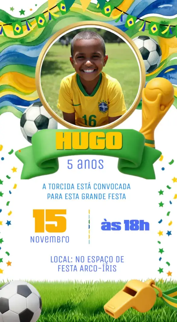 Convite Copa do Mundo Seleção Brasileira – tema Aniversário Infantil futebol, colorido, animado, esportivo, temática, infantil
