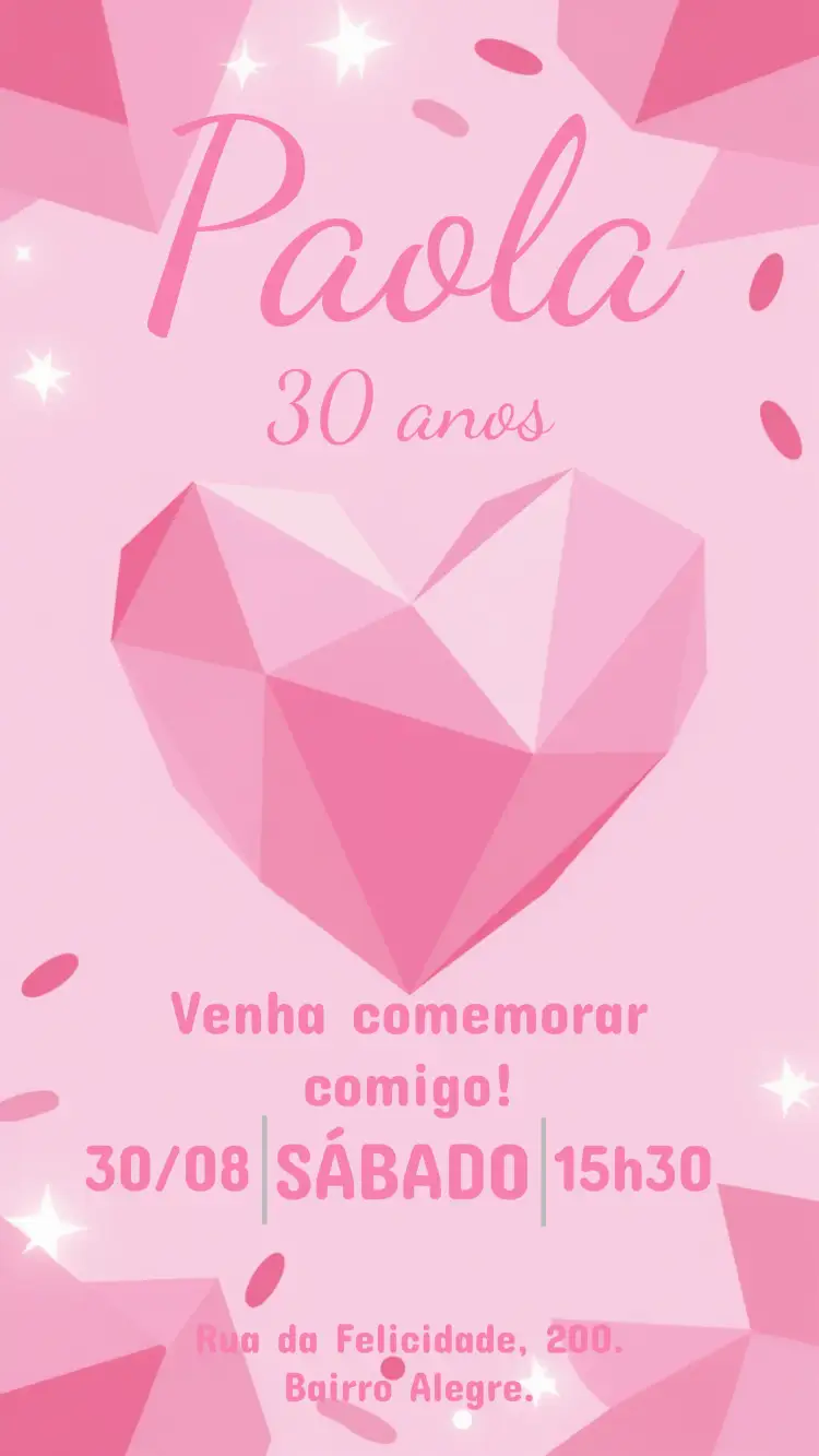 Convite Coração Adulto – tema Aniversário floral, rosa, elegante, minimalista, moderno