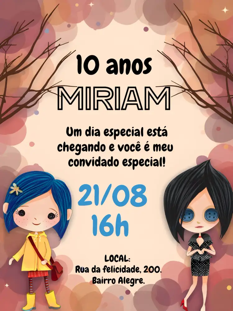 Convite Coraline – tema Mais pesquisados fantasia, mistério, ilustração