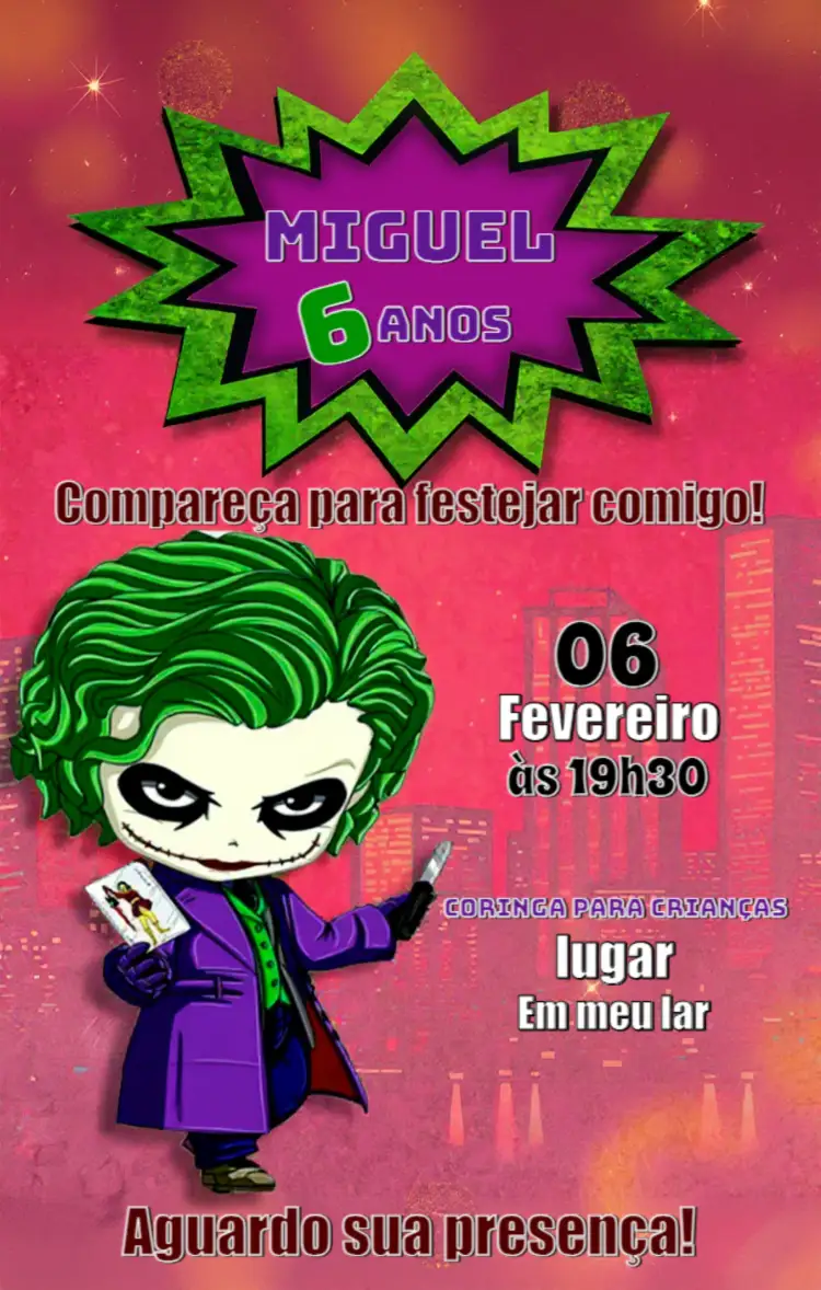 Convite Coringa Infantil – tema Aniversário Infantil vibrante, temático, divertido, moderno, colorido