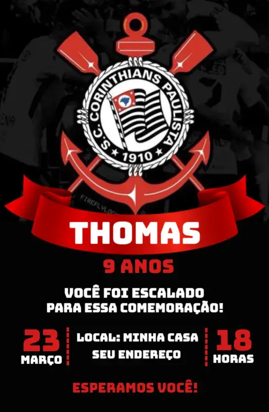 Convite Corinthians 1 – tema Aniversário cores do Corinthians, moderno, esportivo, dinâmico, vibrante