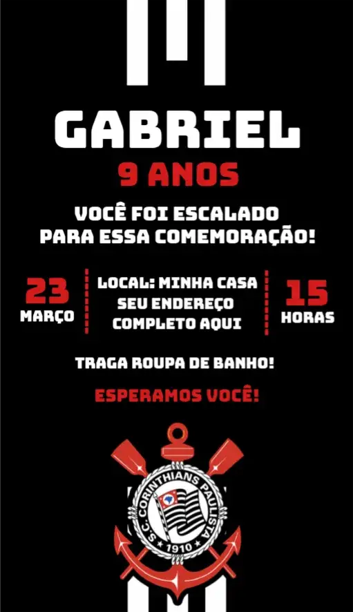Convite Corinthians 2 – tema Aniversário cores do time, futebol, moderno, vibrante, esportivo, jovial
