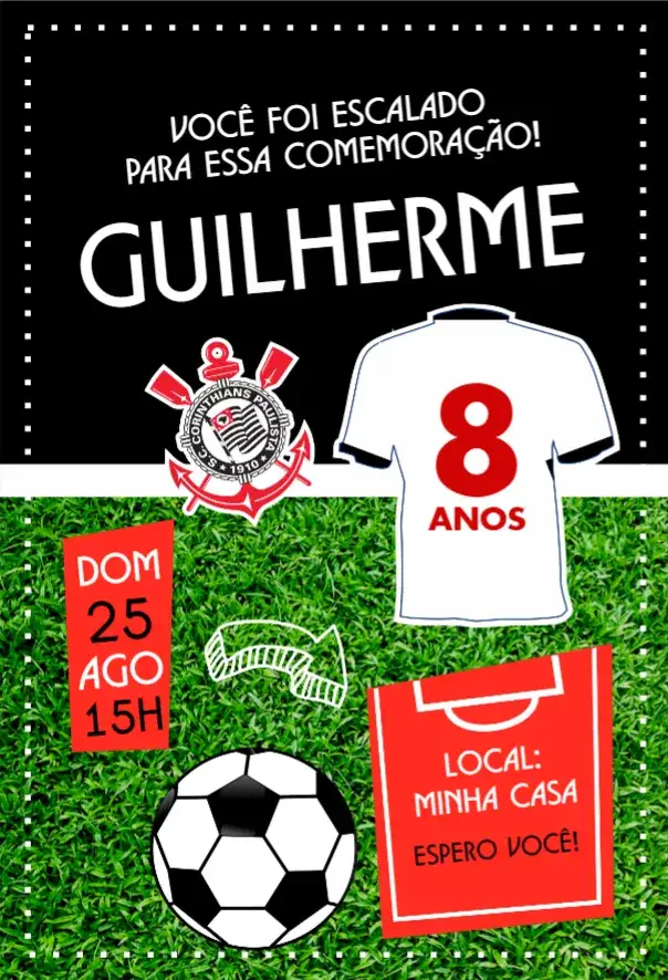 Convite Corinthians camisa – tema Aniversário esportivo, vibrante, moderno, futebol, torcedor, camisa