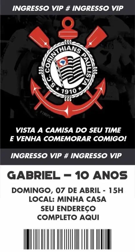 Convite Corinthians Ingresso – tema Aniversário cores do Corinthians, estilo esportivo, elementos gráficos de futebol, design moderno, temática de torcida