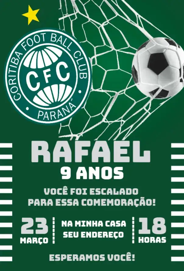 Convite Coritiba 2 – tema Aniversário verde e branco, futebol, moderno, jovial, temático