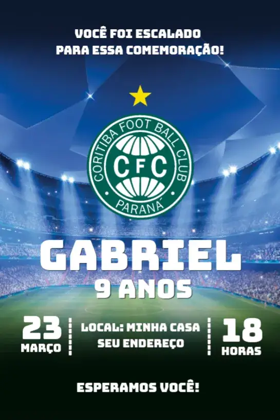 Convite Coritiba 4 – tema Aniversário futebol, verde e branco, moderno, vibrante, esportivo