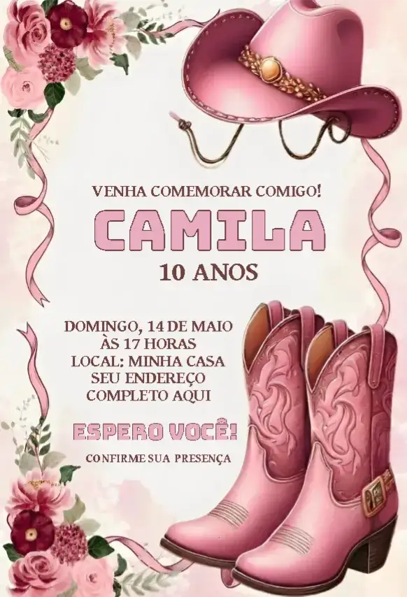 Convite Country Girl 1 – tema Aniversário country, rosa, feminino, divertido, aventura, temático
