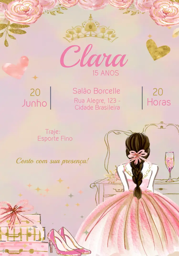 Convite Covnite 15 Anos Princesa Debutante – tema 15 anos rosa, glitter, delicado, princesa, moderno, elegante