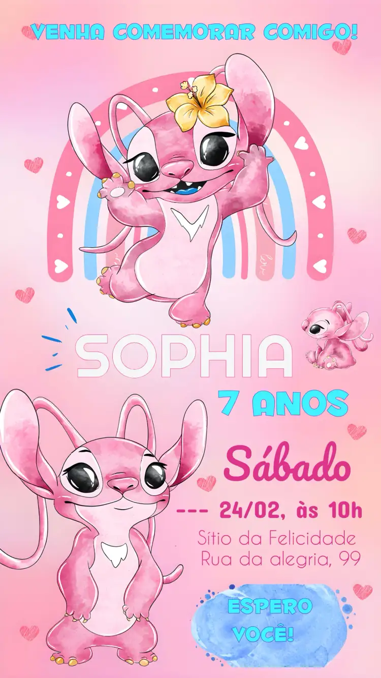 Convite Covnite Angel Stitch Aquarela Infantil – tema Mais pesquisados aquarela, colorido, infantil, divertido, tropical, temático