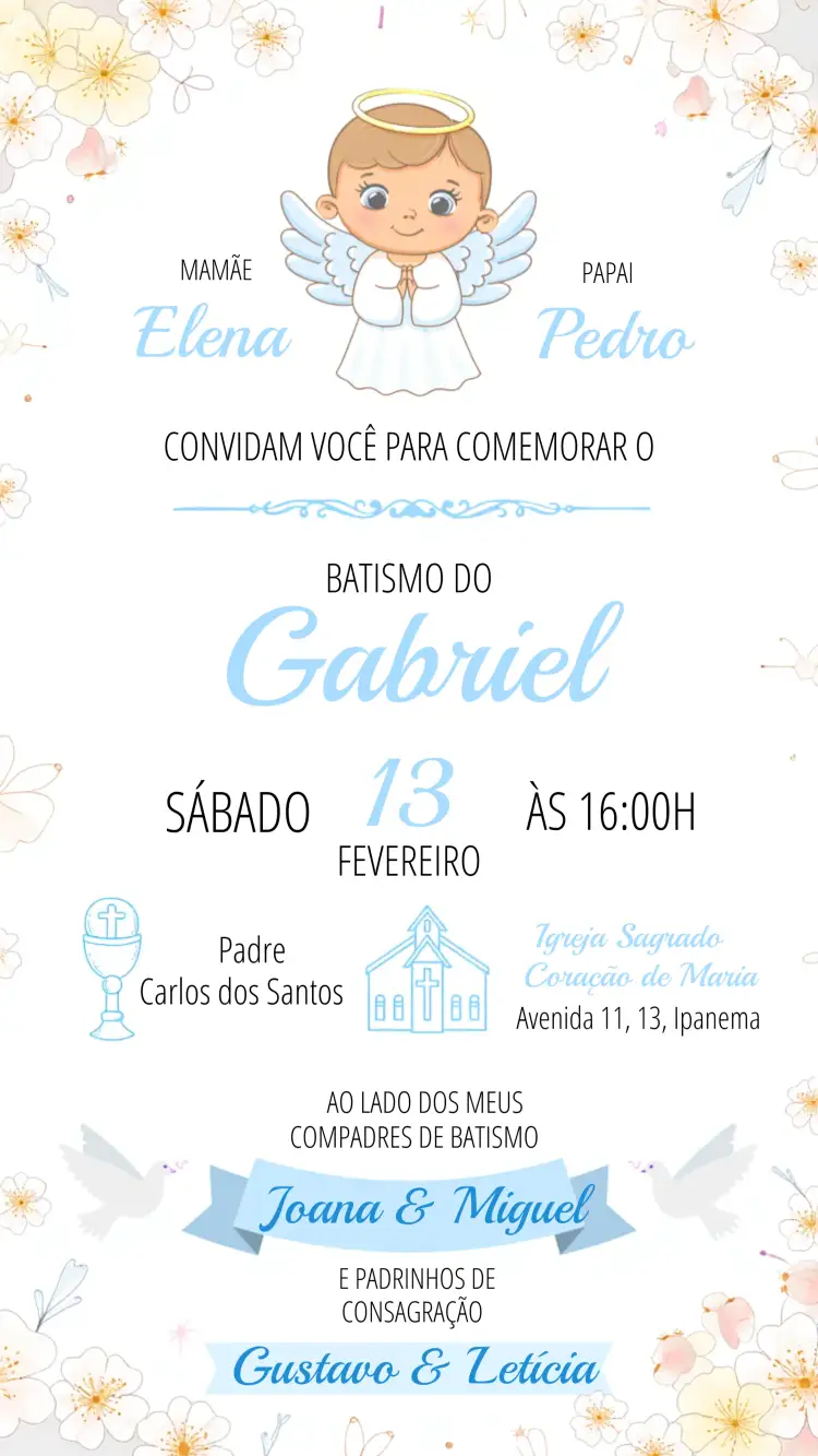 Convite Covnite Batizado Flor – tema Batizado floral, azul, moderno, delicado, infantil