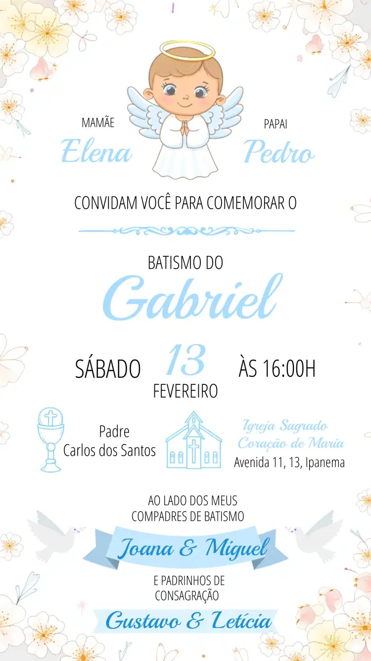 Convite Covnite Batizado Flor editável e personalizável