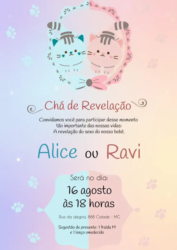 Convite Covnite Chá Revelação Gatinhos Azul – tema Chá Revelação gatinhos, azul e rosa, ilustrações fofas, estilo divertido, tons pastéis, design moderno