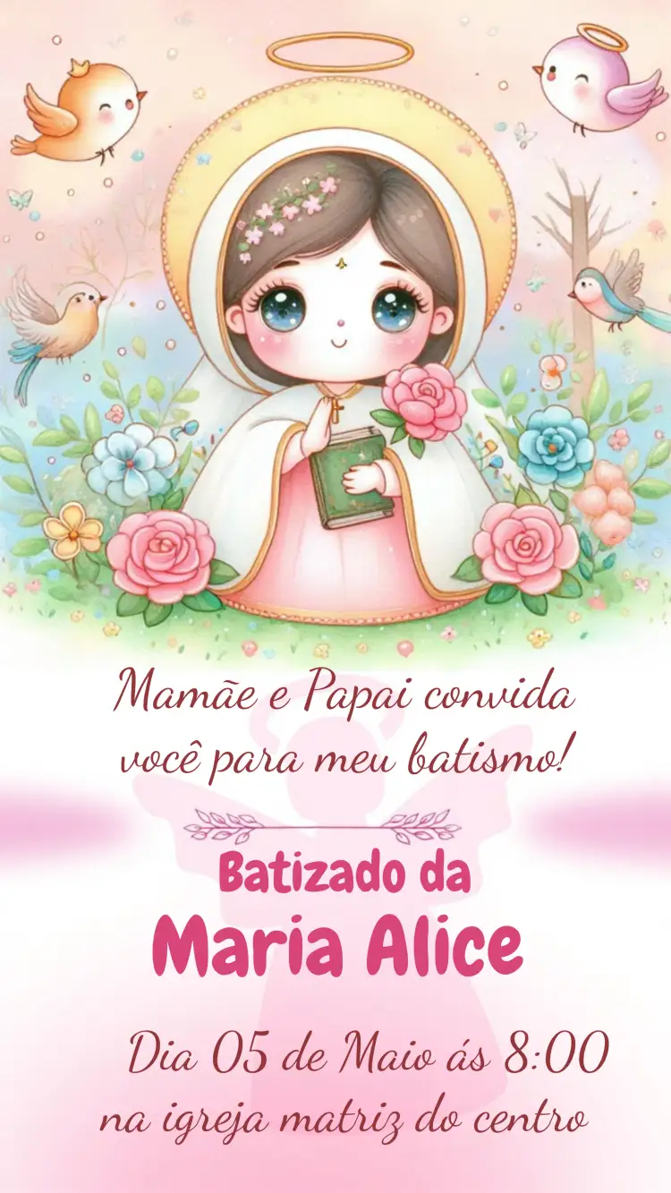 Convite Covnite De Batizado Menina Batismo – tema Batizado rosa, delicado, floral, moderno, minimalista