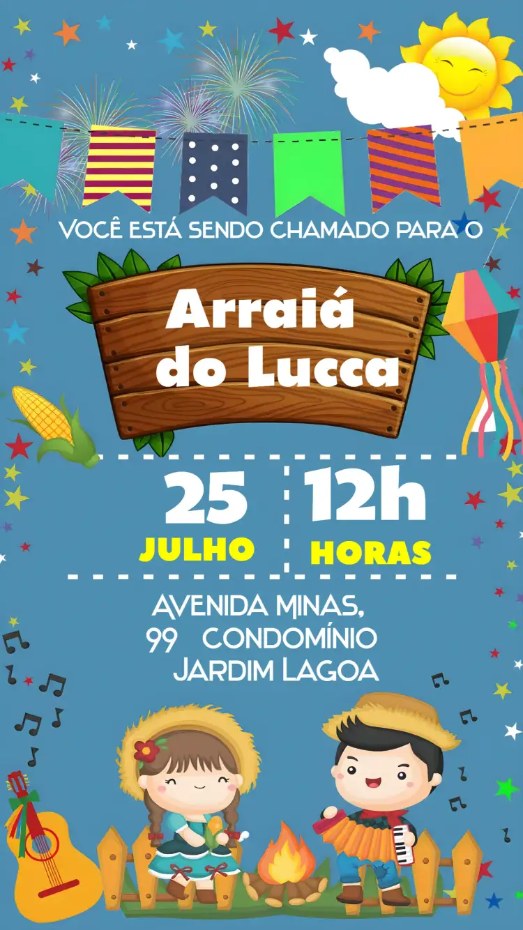 Convite Covnite Festa Junina Arraiá – tema Datas Comemorativas colorido, vintage, rústico, festivo, tradicional, alegre