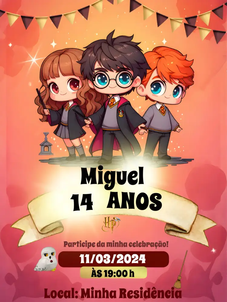 Convite Covnite Harry Potter Edwiges – tema Aniversário Infantil mágico, bruxo, fantasia, temático, colorido, divertido