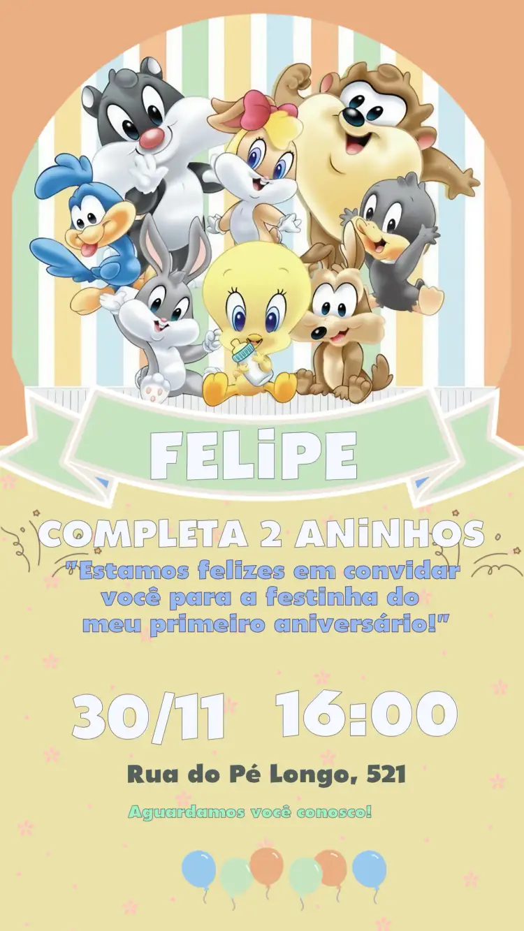 Convite Covnite Lonney Tunnes Baby Longa – tema Mais pesquisados colorido, divertido, infantil, ilustrações de desenhos animados, brincalhão, festivo