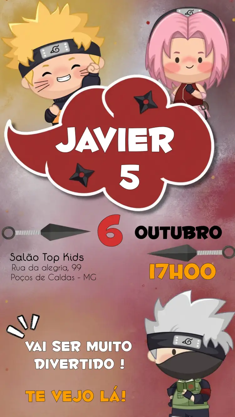 Convite Covnite Naruto E Sakura Ninja – tema Aniversário Infantil ninja, anime, colorido, aventura, infantil, moderno