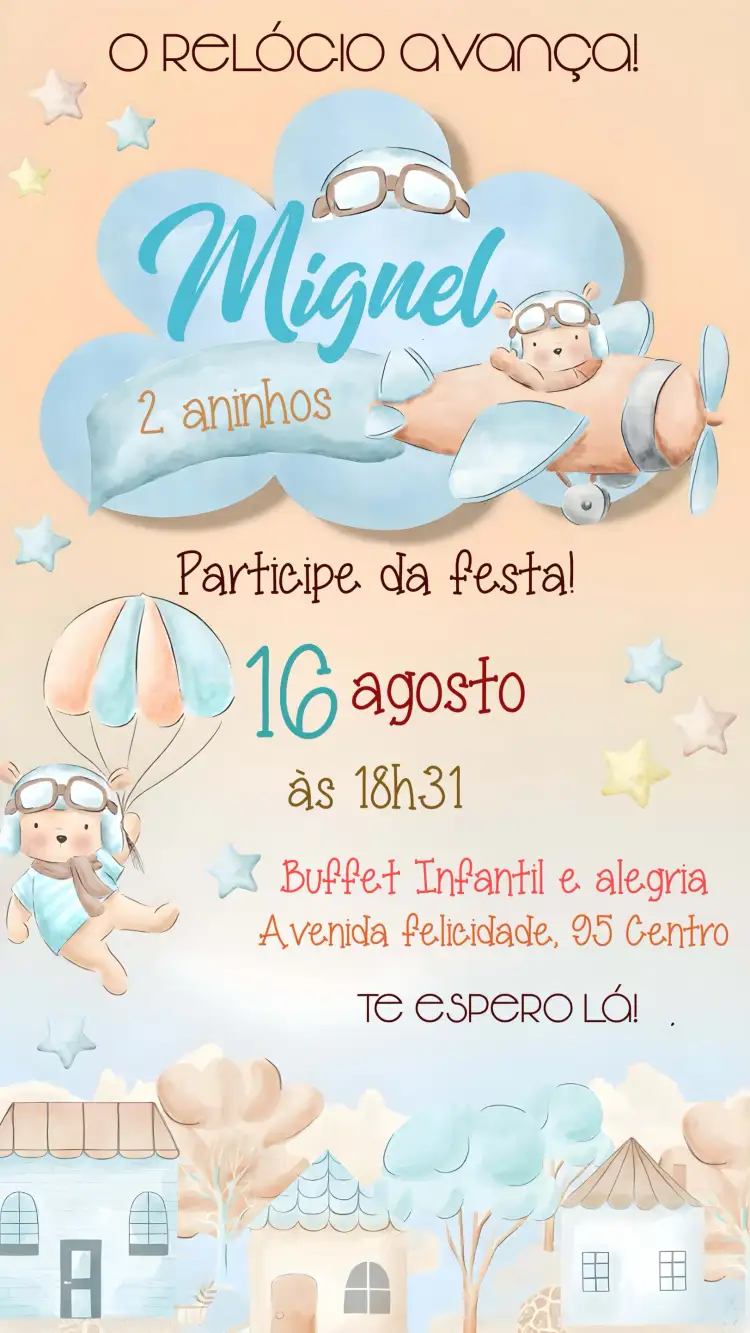 Convite Covnite O Tempo Voa Infantil – tema Chá de Fraldas aquarela, aviador, urso, cores suaves, infantil, lúdico