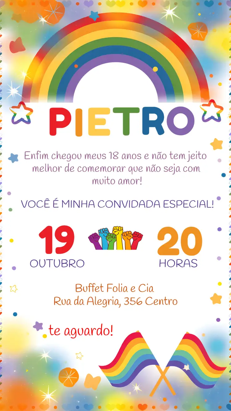 Convite Covnite Pride Orgulho Lgbt – tema Aniversário arco-íris, moderno, vibrante, divertido, colorido