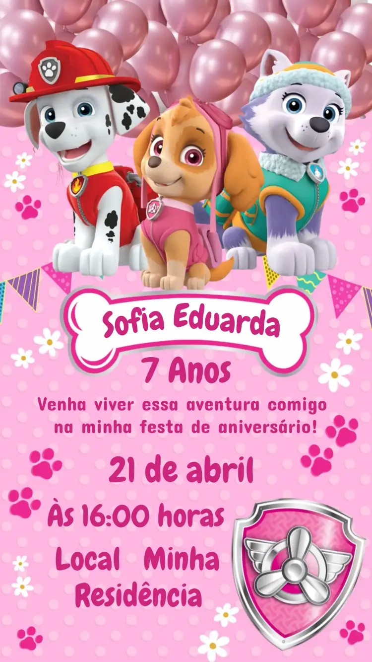Convite Covnite Skye Patrulha Canina Menina – tema Aniversário Infantil rosa, lúdico, divertido, colorido, infantil