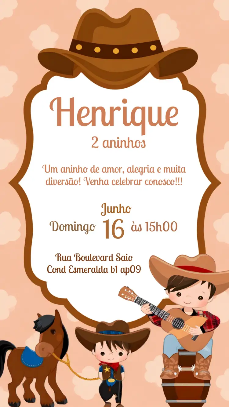 Convite Cowboy Menino – tema Mais pesquisados rústico, country, vibrante, colorido, divertido, temático