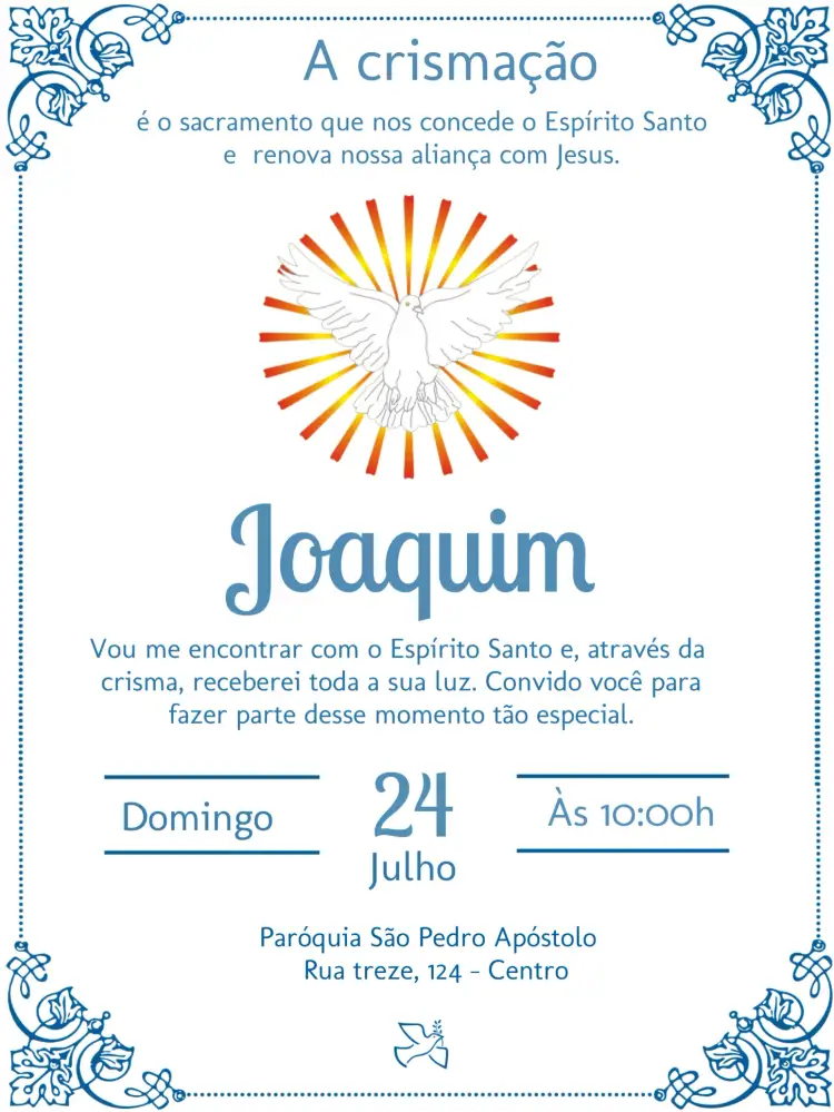 Convite Crisma Espírito Santo Batizado – tema Primeira Comunhão azul, religioso, minimalista, moderno, elegante, divino