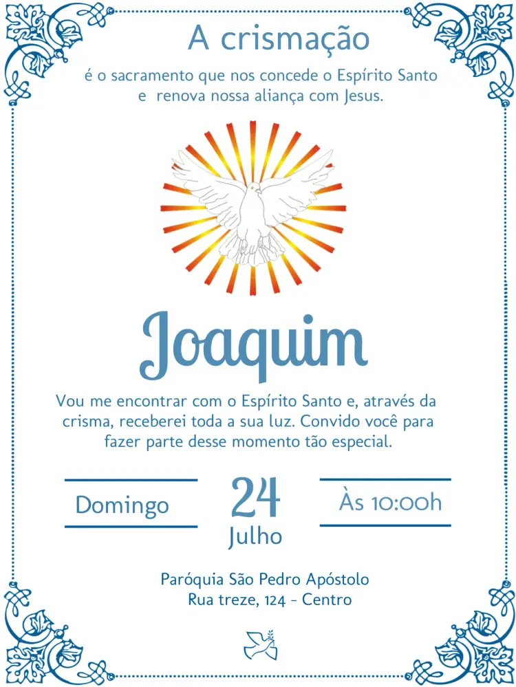 Convite Crisma Espírito Santo Batizado editável e personalizável