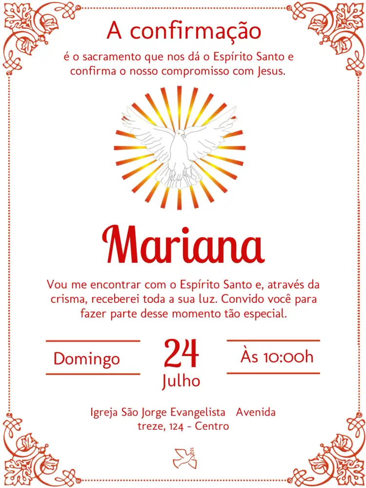 Convite Crisma Espírito Santo Vermelho – tema Primeira Comunhão vermelho, religioso, elegante, moderno, simples, espiritual