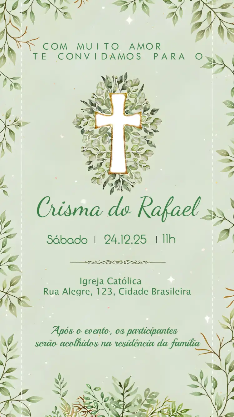 Convite Crisma Folhagem – tema Batizado folhagem, branco, verde, moderno, elegante