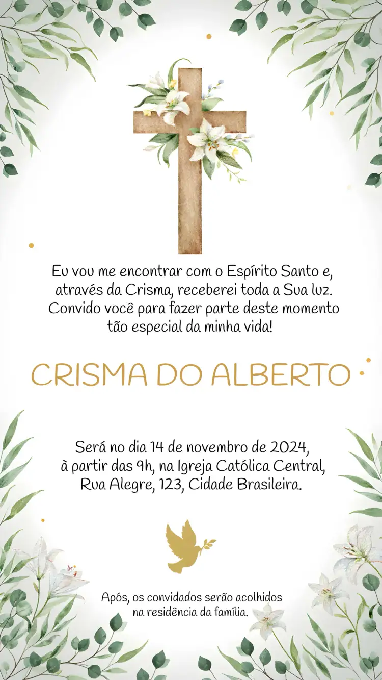 Convite Crisma Santo – tema Mais pesquisados branco, folhagem, elegante, minimalista, espiritual, moderno