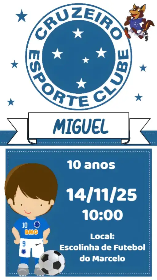 Convite Cruzeiro – tema Aniversário futebol, azul e branco, moderno, divertido, esportivo, jovem